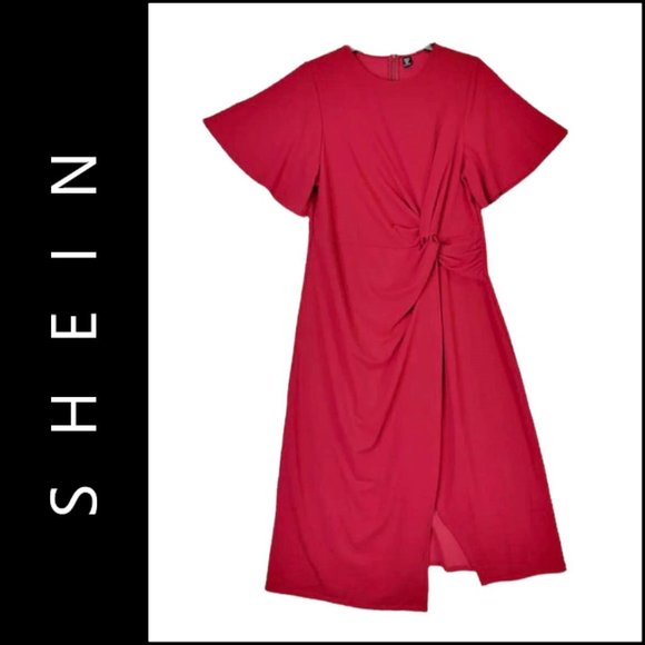SheIn Women Bell Sleeve Stretch Sheath Dress Faux Wrap Size 3XL Red - Picture 1 of 9